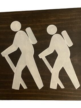 Hiking Trail Wooden Sign with White Hiker Silhouettes
